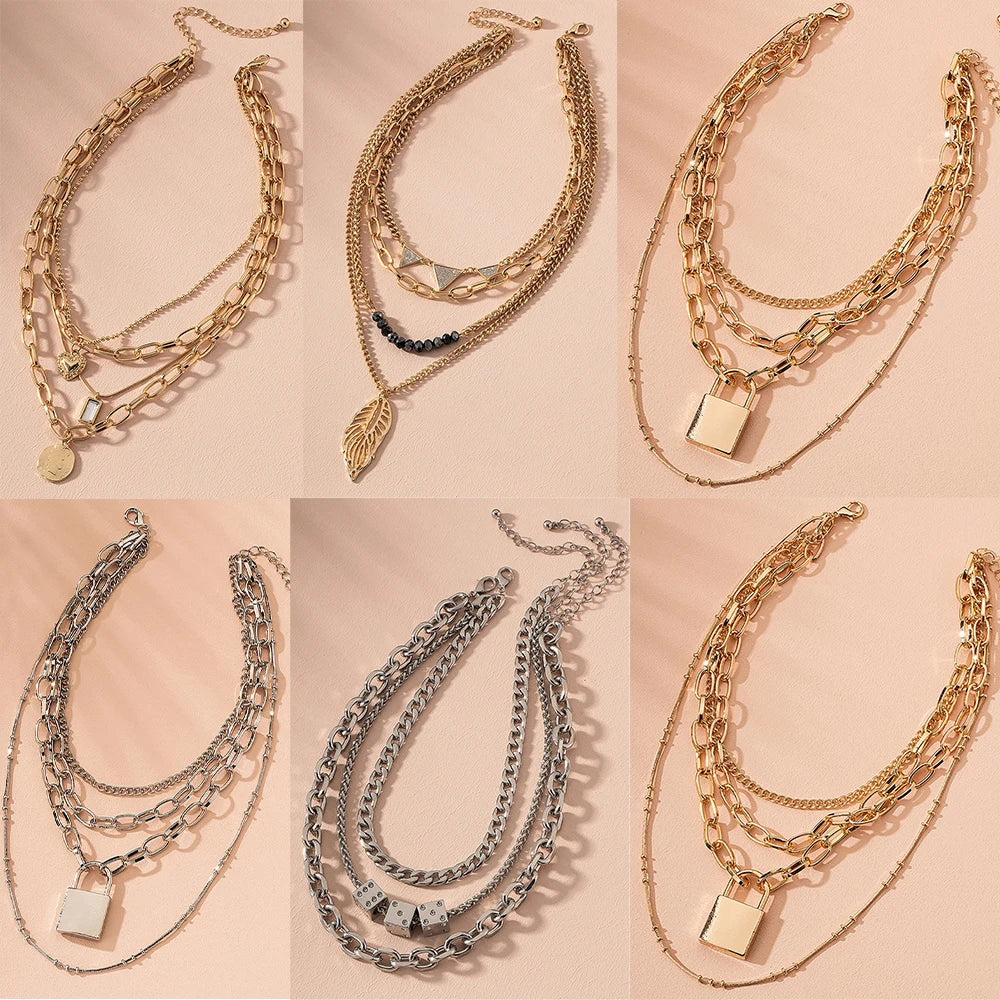 Multilevel Thick Chain Lock Heart Shaped Pendant Necklaces
