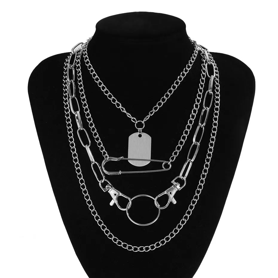 Goth Multi Layer Safety Pin Key Chains Necklaces