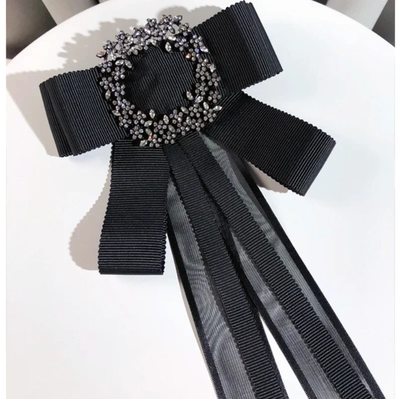 Bow Tie  Pins Handmade Black Fabric Crystal Bows Necktie