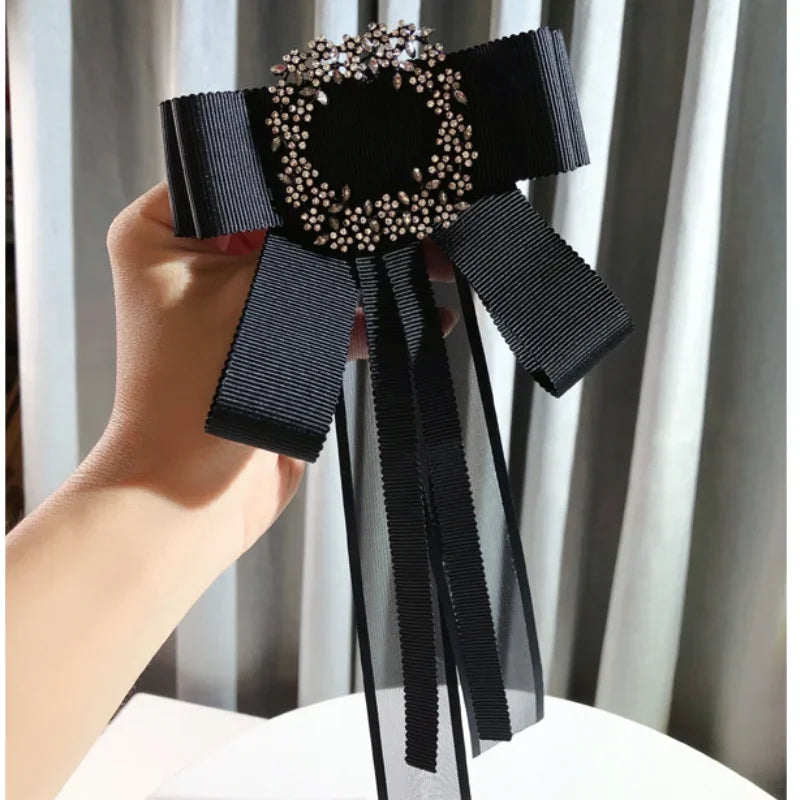 Bow Tie  Pins Handmade Black Fabric Crystal Bows Necktie