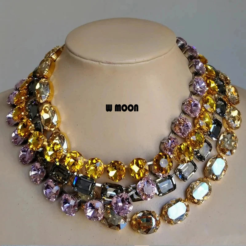 Shiny Yellow Color Rectangle Glass Crystal Necklace