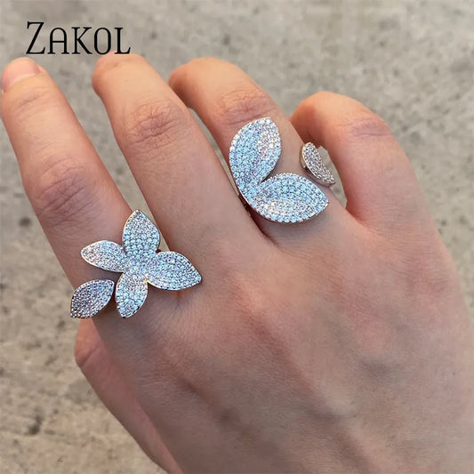 Sparkling Leaf Flower Micro-paved Zirconia Open Rings